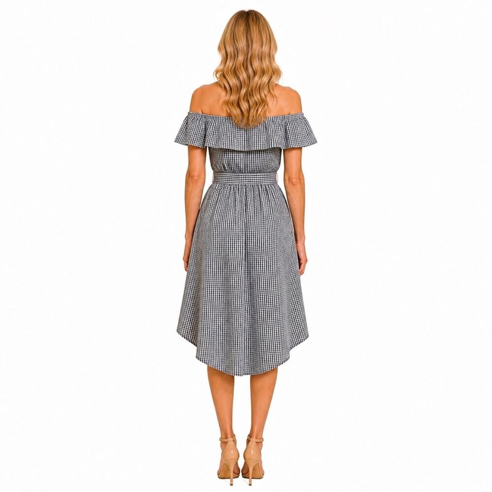 Saks Fifth Avenue Gingham Off-Shoulder Hi-Low Dress Tie Waist Black White M - Picture 8 of 9